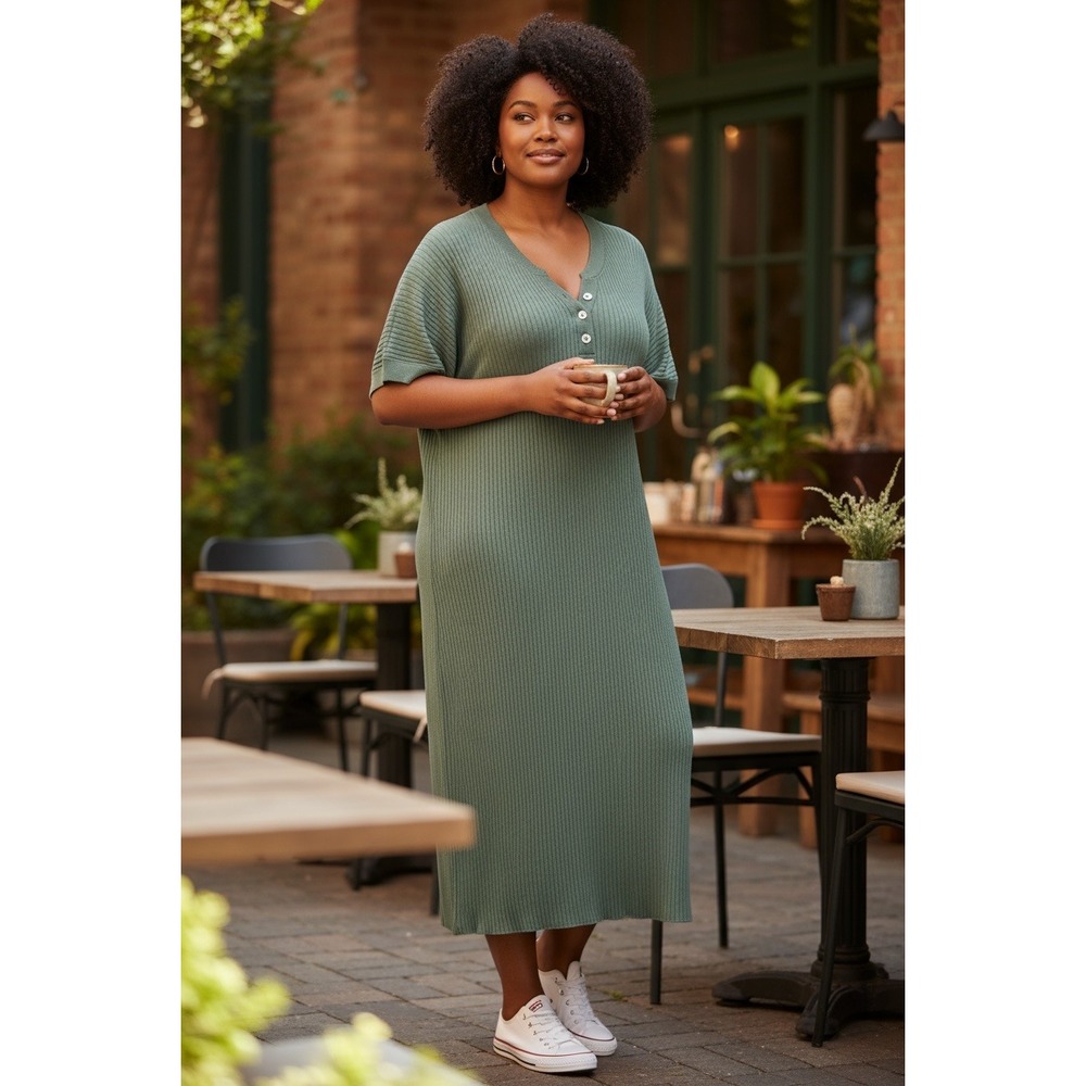 VARLEY Women‎ Cotton Aria Knit Midi Dress Henley V Neck Short Sleeve Green 2X